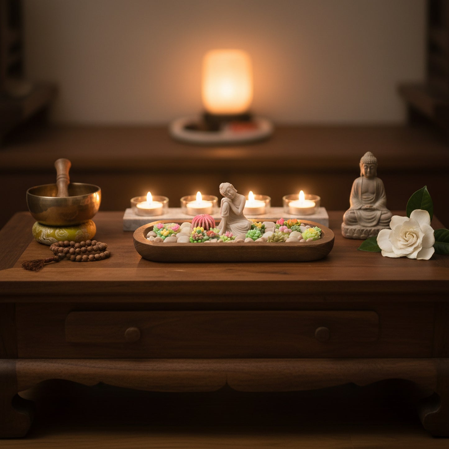 Gardenia Mist – Signature Wooden Bowl (Zen Buddha)