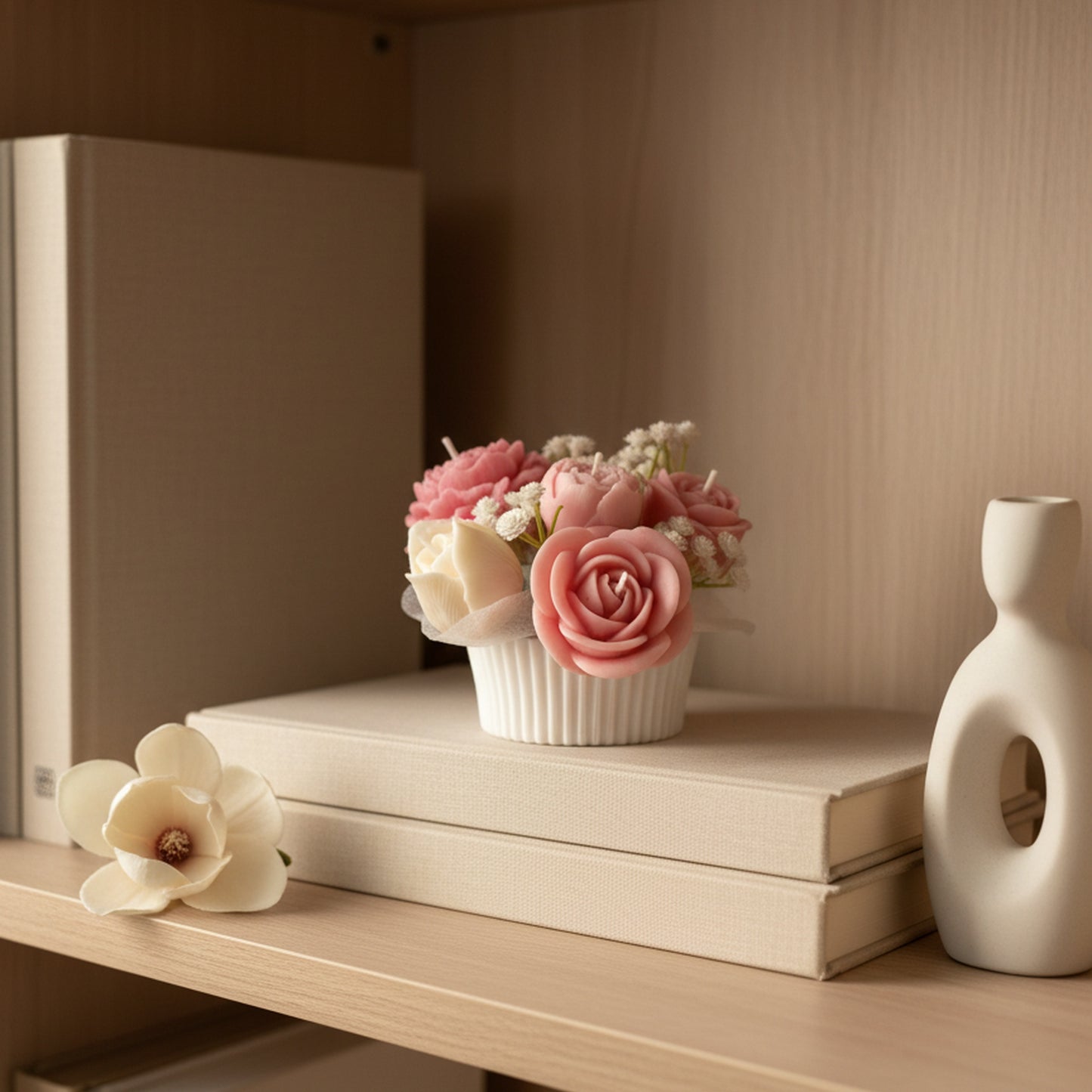 White Magnolia Candle Bouquet (Blush Petal)