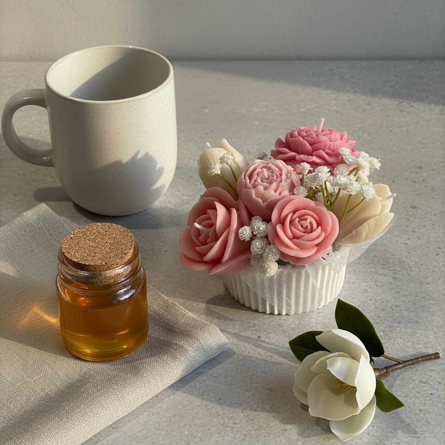 White Magnolia Candle Bouquet (Blush Petal)